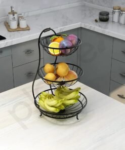 Steel 3-Tier Fruit & Vegetable Basket – Big Size, Black | Dining Table & Kitchen Organizer