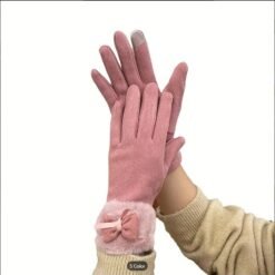 Women’s Bow Decor Plush Winter Gloves – Warm & Stylish Handwear