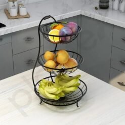 Steel 3-Tier Fruit & Vegetable Basket – Big Size, Black | Dining Table & Kitchen Organizer