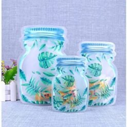 Jar-Shaped Storage Pouches – Leaf Design, Airtight & Reusable Food Storage Bags (3 pcs)